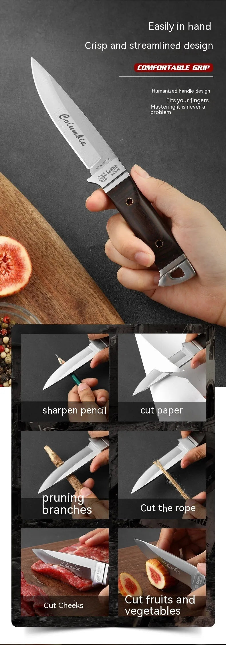 National style stainless steel camping fruit knife shown with its leather protective case.