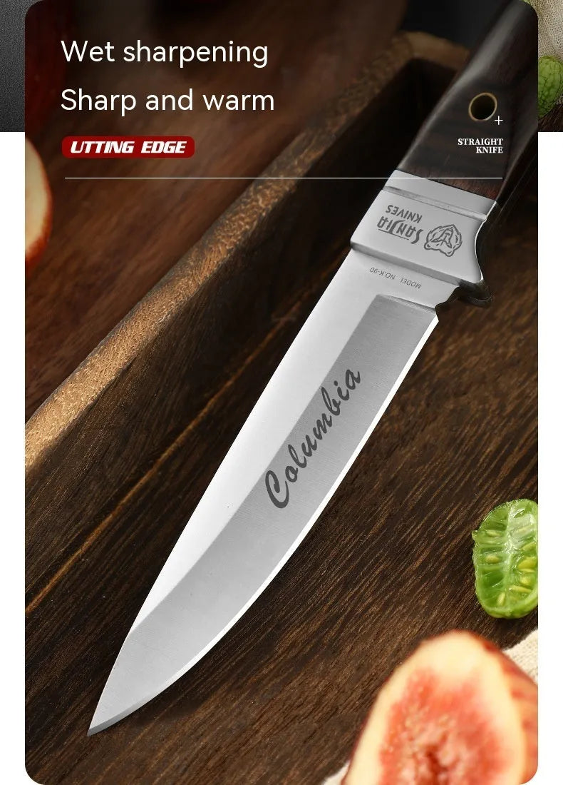 National style stainless steel camping fruit knife shown with its leather protective case.