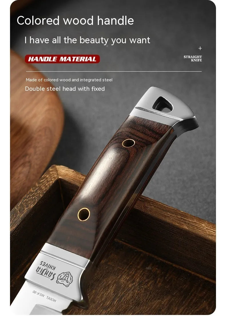 National style stainless steel camping fruit knife shown with its leather protective case.