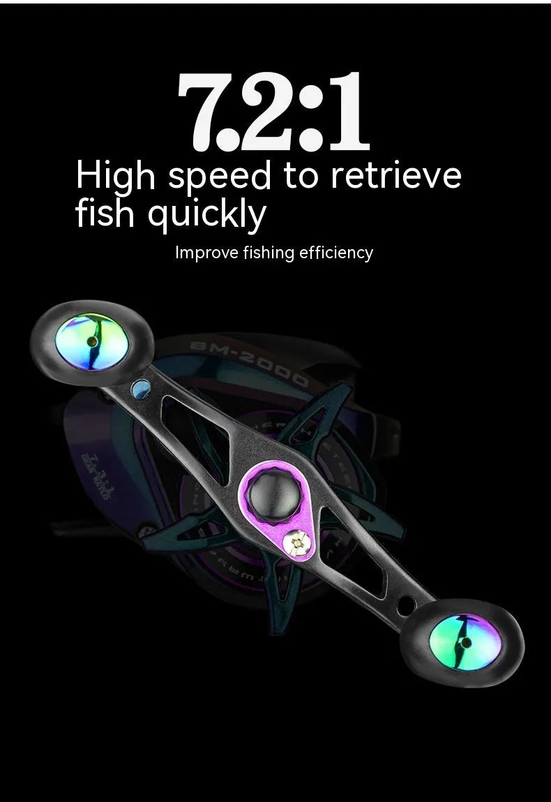 Colourful BM2000 fishing reel showing left-handed model with magnetic brake and water drop spool.