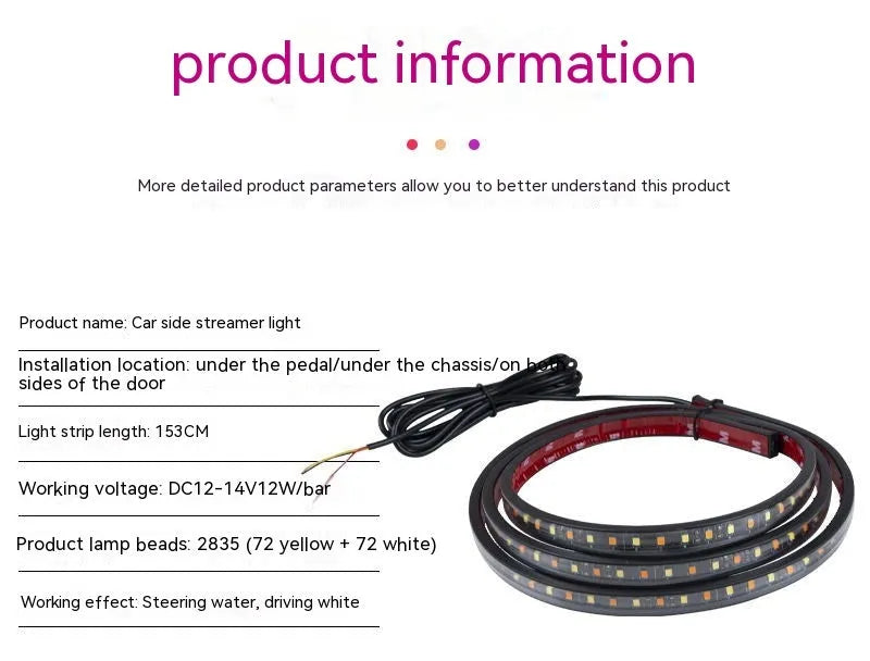 White yellow vehicle pedal streamer lights in 150cm and 180cm lengths with IP68 rating