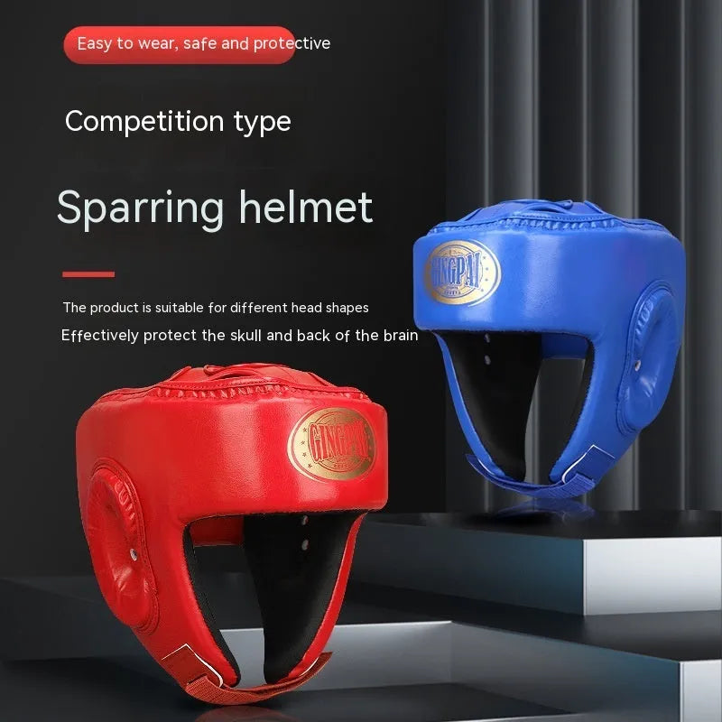 Red fully enclosed boxing helmet with integrated jaw protector for combat sports training