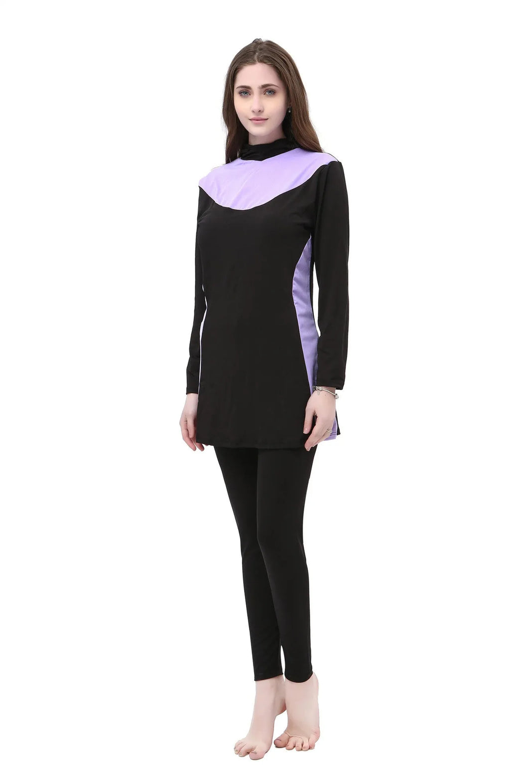Conservative long sleeve hooded swimsuit top and pants set for women on a mannequin.