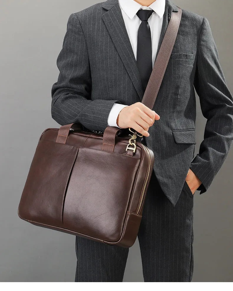 Genuine leather large capacity horizontal briefcase in black for men, first layer cowhide with sewing line detailing
