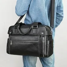 Genuine leather large capacity horizontal briefcase in black for men, first layer cowhide with sewing line detailing