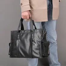 Genuine leather large capacity horizontal briefcase in black for men, first layer cowhide with sewing line detailing