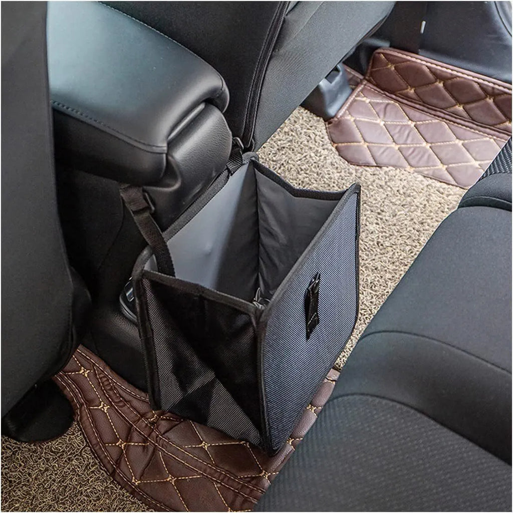 Black Oxford cloth car folding trash can with hanging strap and 8.7 litre capacity