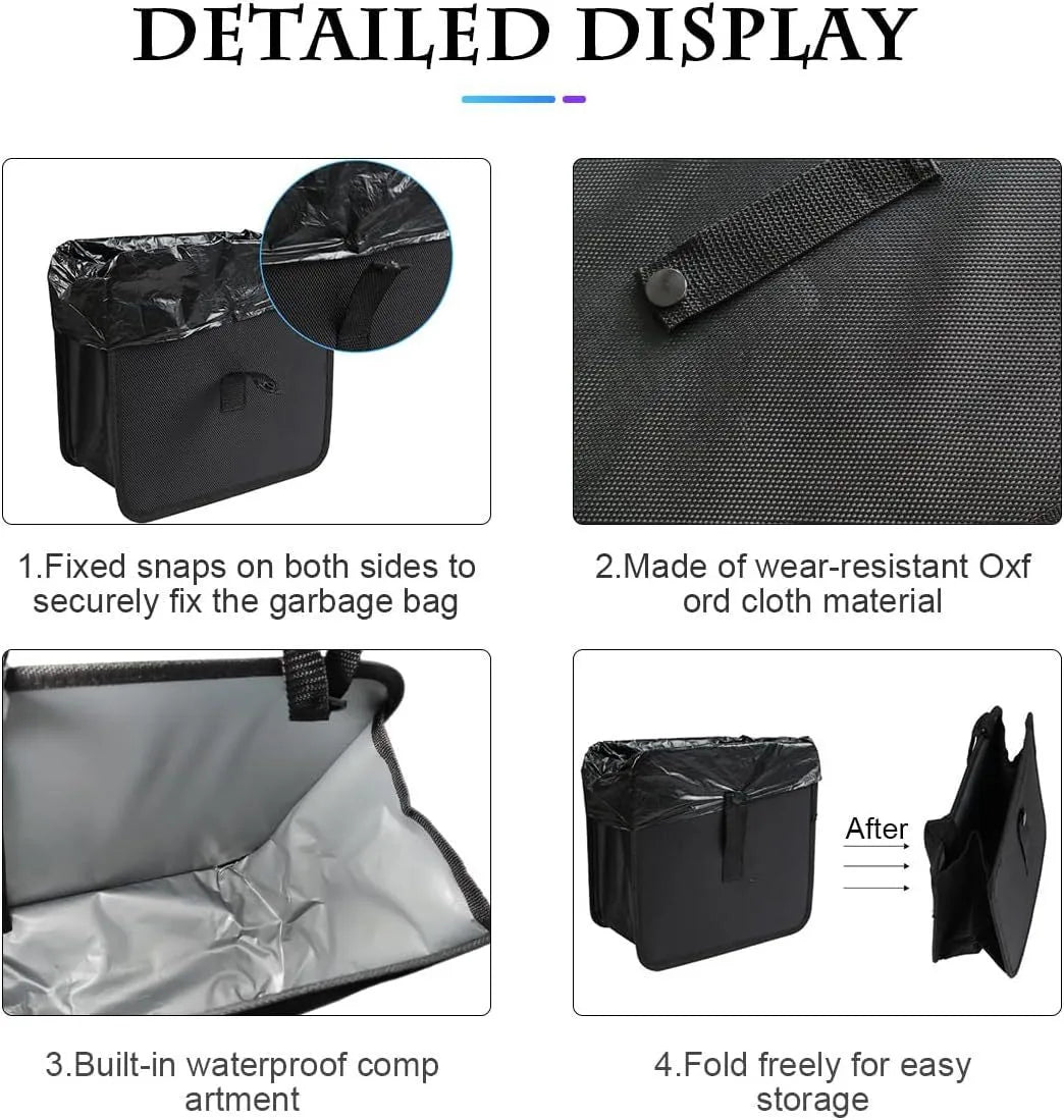 Black Oxford cloth car folding trash can with hanging strap and 8.7 litre capacity