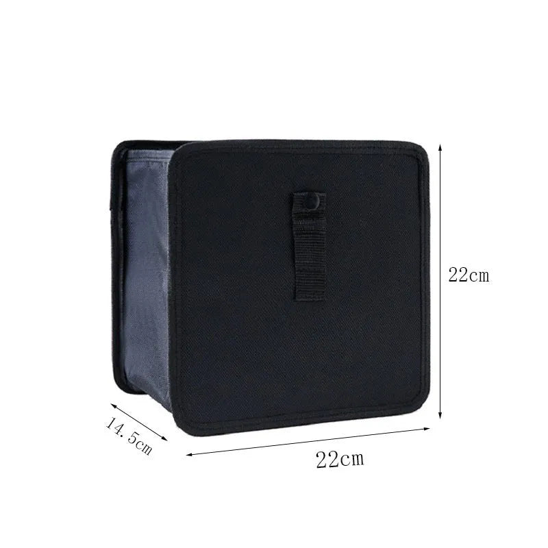 Black Oxford cloth car folding trash can with hanging strap and 8.7 litre capacity