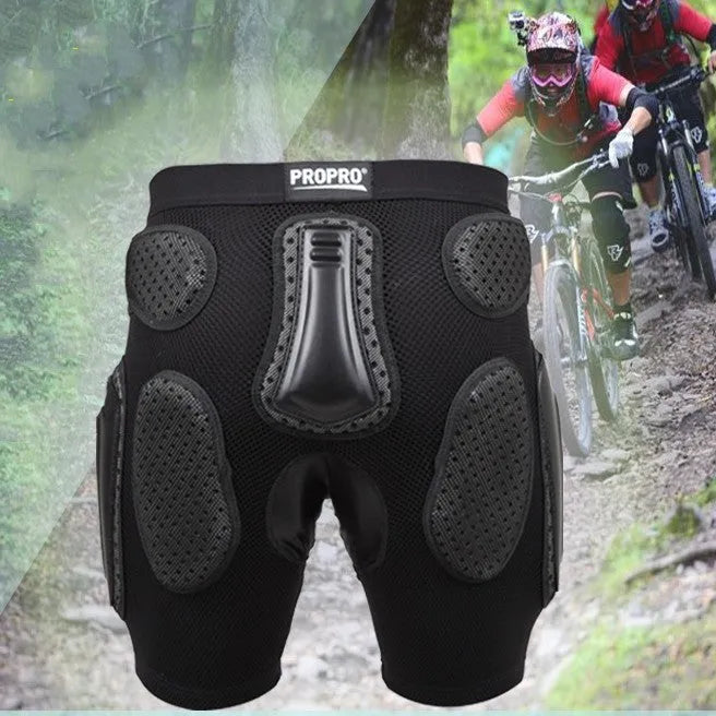 Black cycling hip protection pants with padding around the hip area, shown in sports context