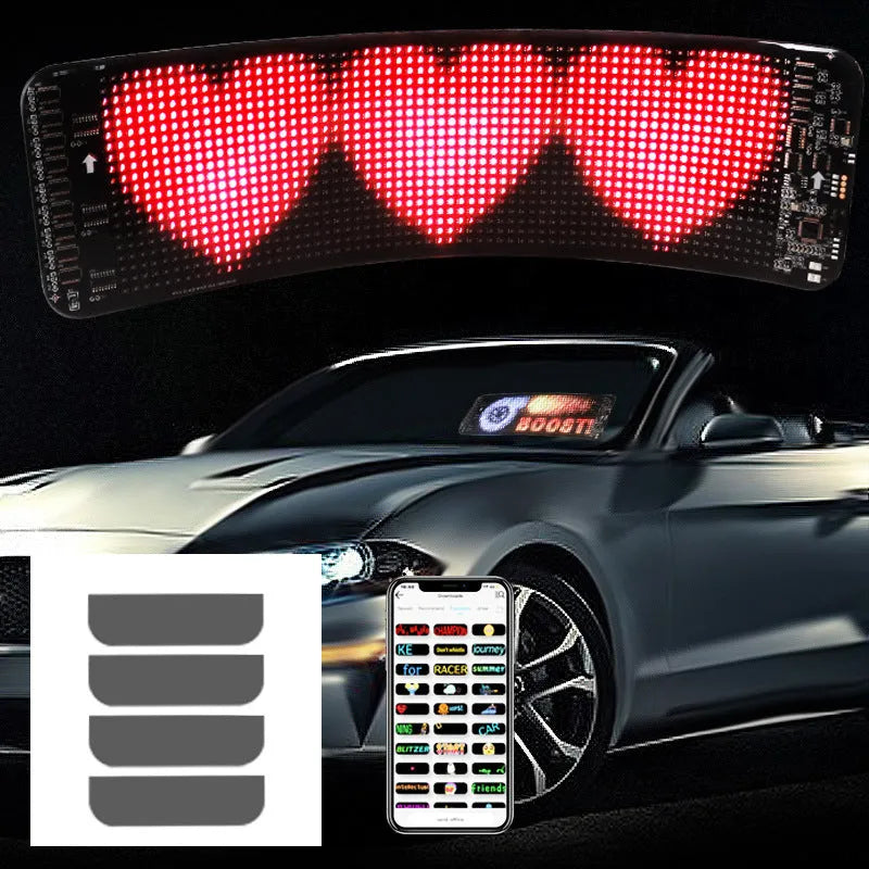 Black flexible LED screen for car rear windscreen with USB cable and Bluetooth control.