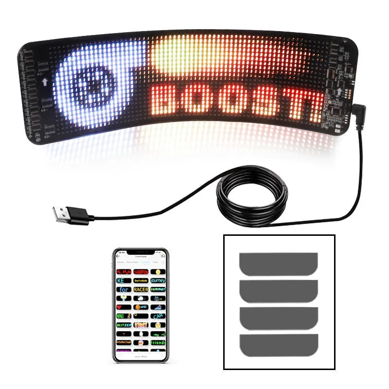 Black flexible LED screen for car rear windscreen with USB cable and Bluetooth control.