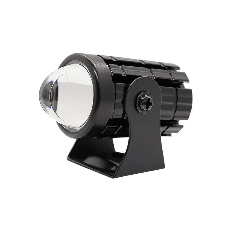 Motorcycle spotlight with dual-colour lens, aluminium housing, showing white and yellow light modes.
