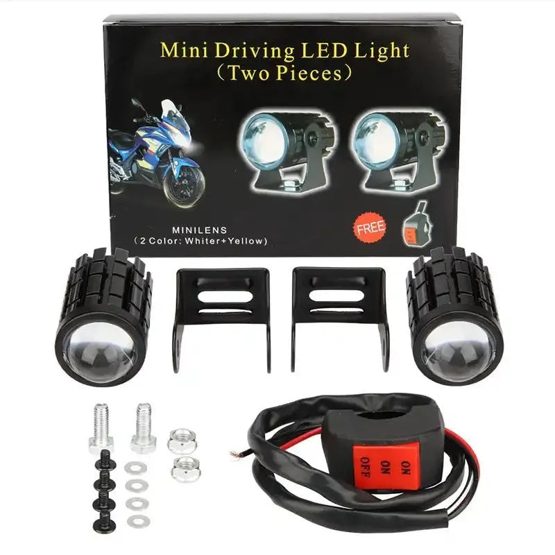 Motorcycle spotlight with dual-colour lens, aluminium housing, showing white and yellow light modes.
