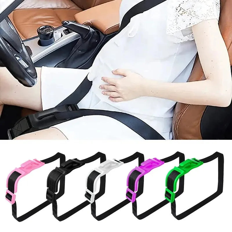 Pregnancy car seat belt adjuster shown in use, redirecting seat belt over thighs instead of abdomen.