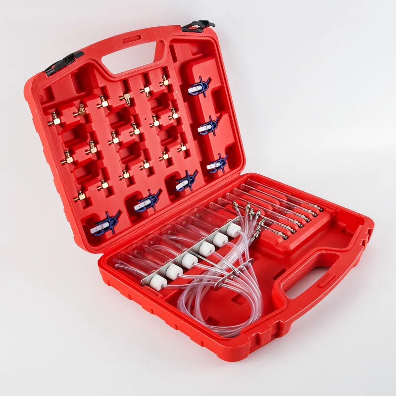 Fuel injection flow meter diagnostic tool with brass components for automotive workshop testing