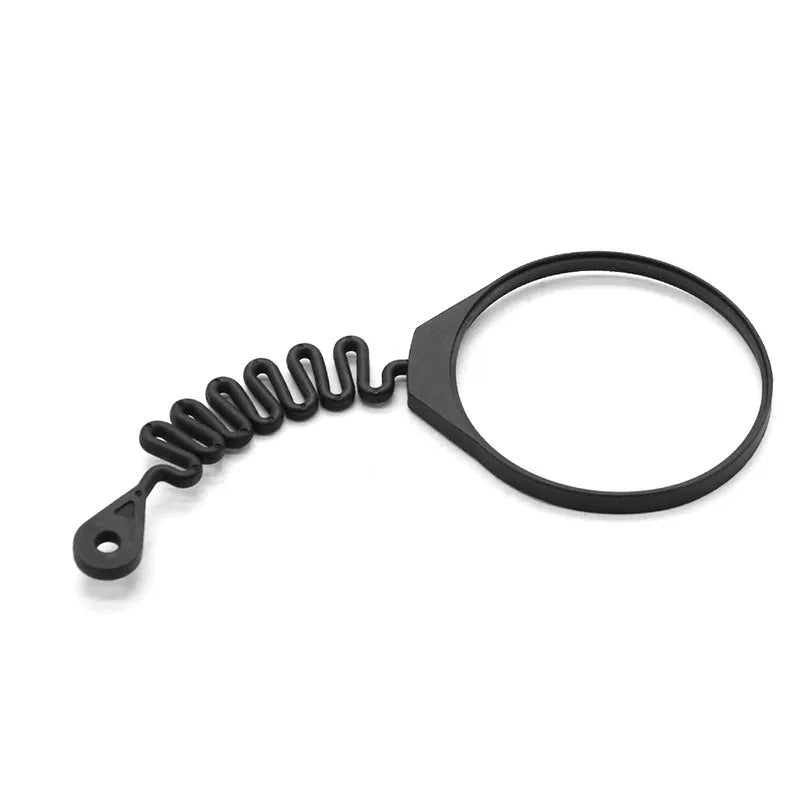 Black rubber Volvo fuel cap anti-lost tether strap, showing circle band and separate rope design options.