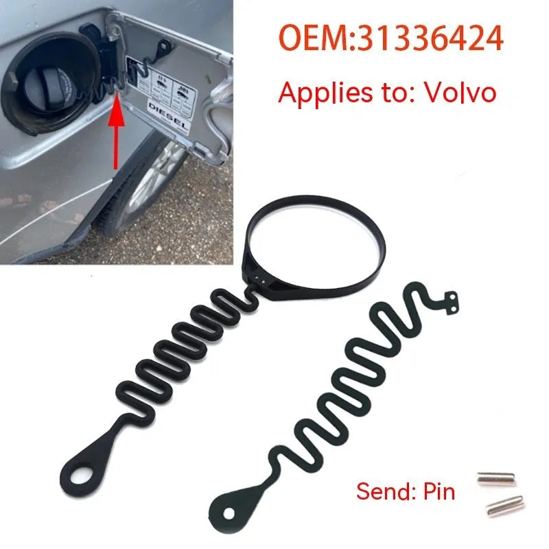 Black rubber Volvo fuel cap anti-lost tether strap, showing circle band and separate rope design options.