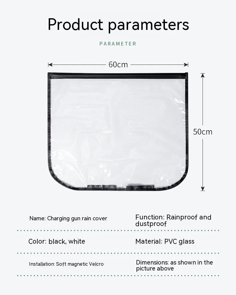 Black electric vehicle charging rain cover with magnetic strips unfolded to show 60cm x 50cm size