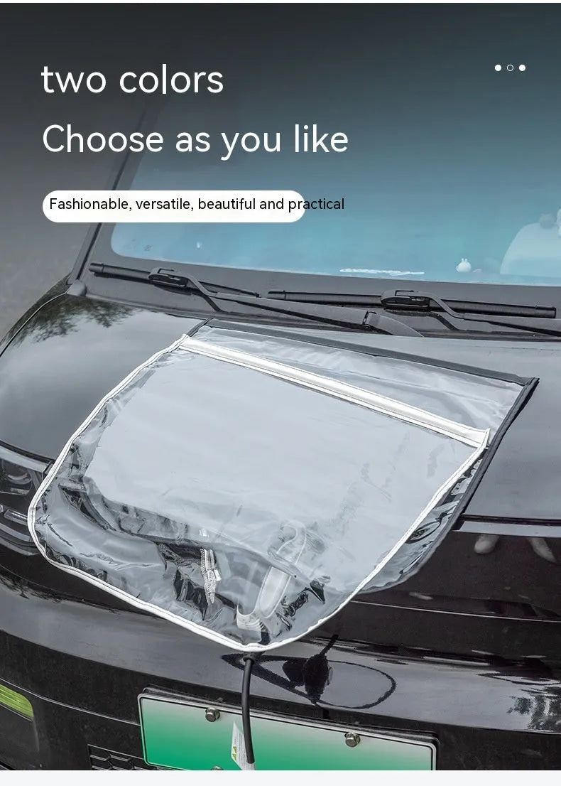 Black electric vehicle charging rain cover with magnetic strips unfolded to show 60cm x 50cm size