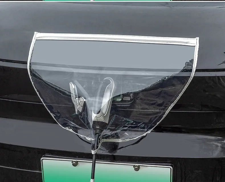 Black electric vehicle charging rain cover with magnetic strips unfolded to show 60cm x 50cm size