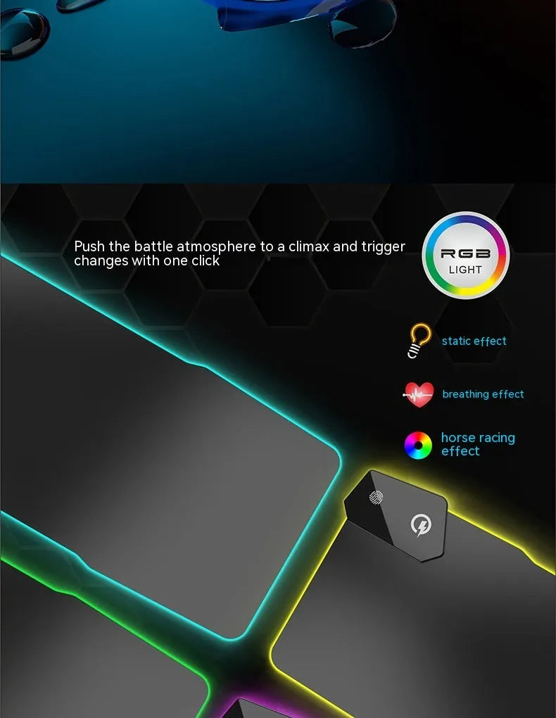 Black Mech-style cloth gaming mouse mat with luminous electric effect, showing TYPC port and non-slip rubber base.
