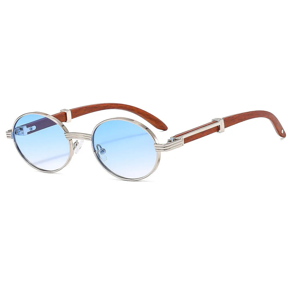 UV protection sunglasses with plastic frame, gold or silver, shown in grey, blue, green, or clear lens options.