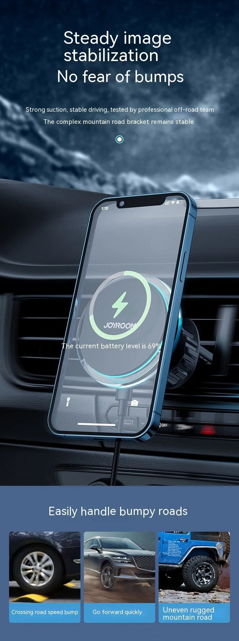 Black magnetic wireless charging stand attached to a car air vent, showing a smartphone secured on it.