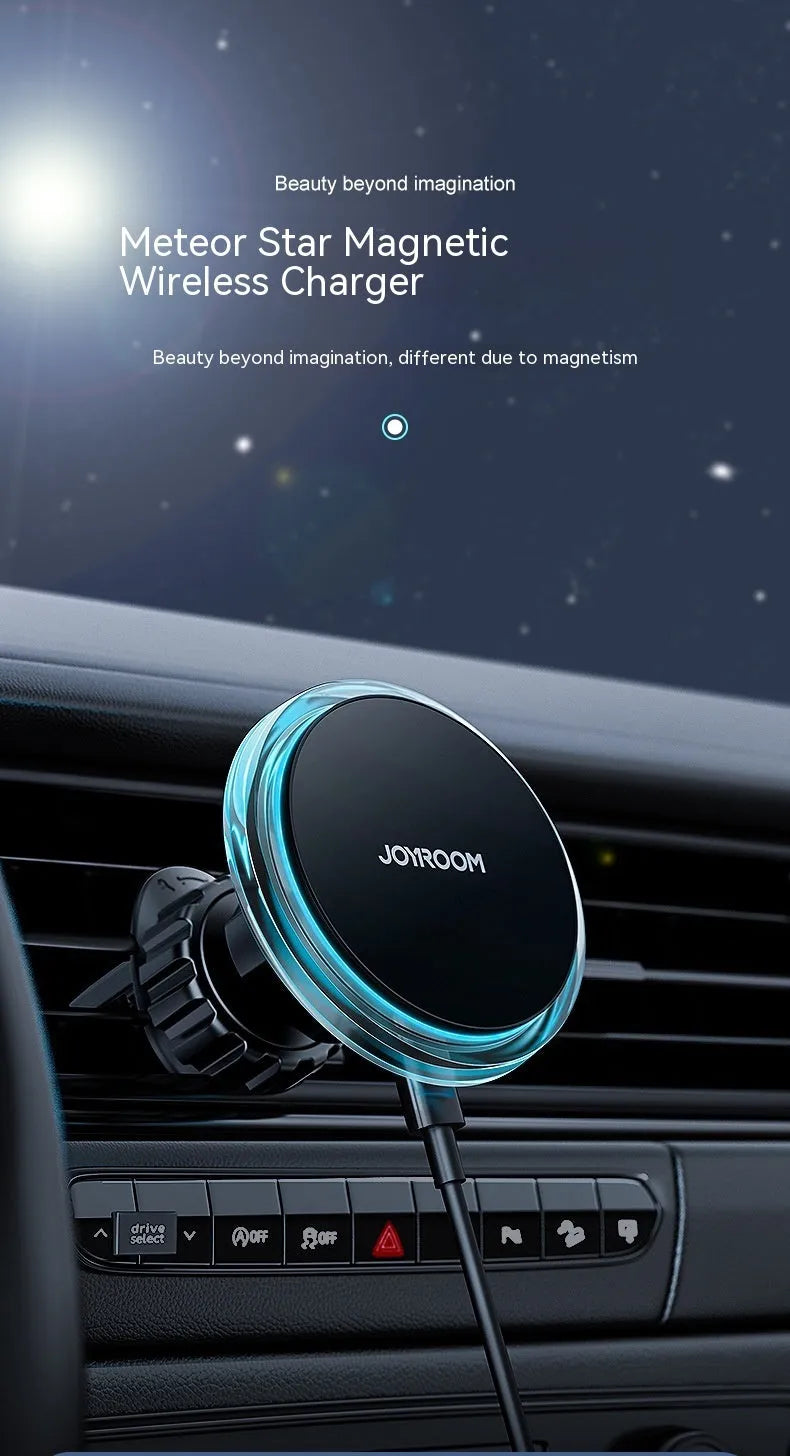 Black magnetic wireless charging stand attached to a car air vent, showing a smartphone secured on it.