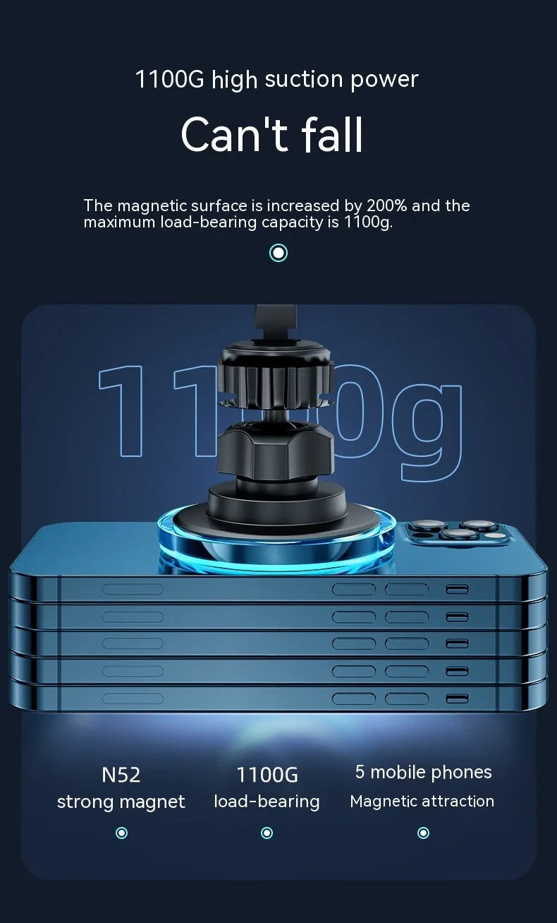 Black magnetic wireless charging stand attached to a car air vent, showing a smartphone secured on it.