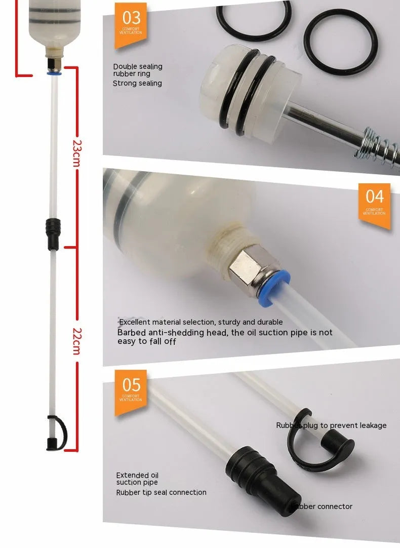 Manual oil suction and injection pump tool with PP barrel in 200CC, 500CC, 1500CC sizes.