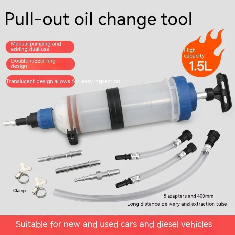 Manual oil suction and injection pump tool with PP barrel in 200CC, 500CC, 1500CC sizes.