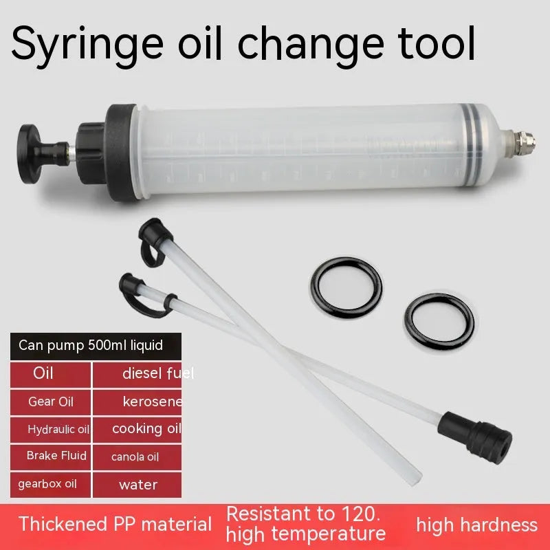 Manual oil suction and injection pump tool with PP barrel in 200CC, 500CC, 1500CC sizes.