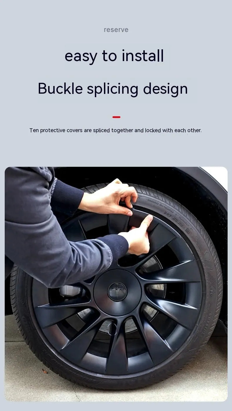 Tesla Model Y plastic wheel hub cover with sectional steel ring design in four colour options