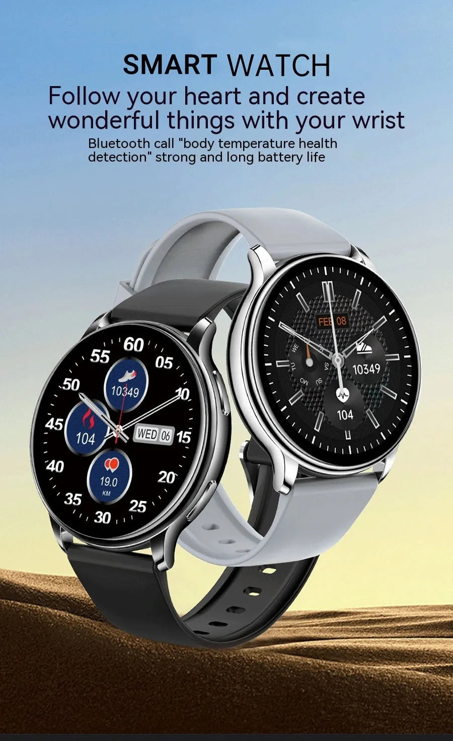 Smart couple watch with round screen, silicone strap, aluminium alloy case, available in Black, Grey and Pink
