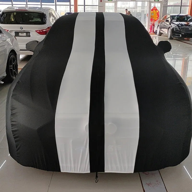 Ford Mustang car cover with elastic hem in light grey colour made from silk polyester fabric.