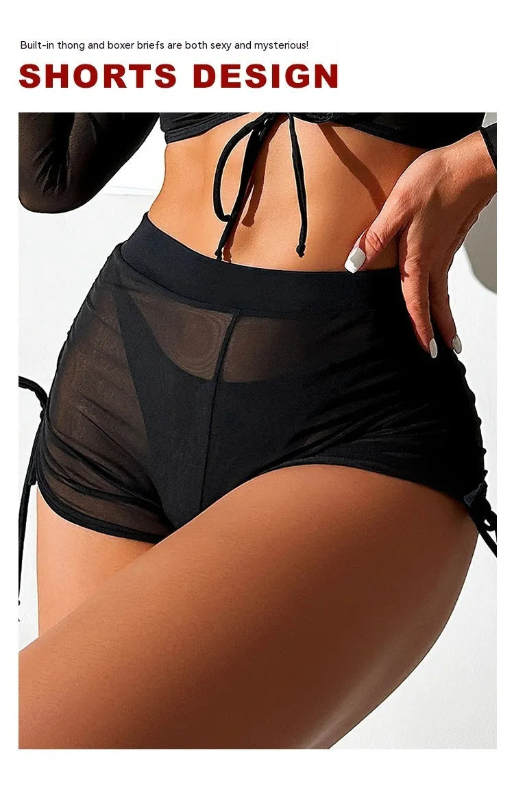 Black long sleeve mesh bikini swimsuit set for women, four pieces.