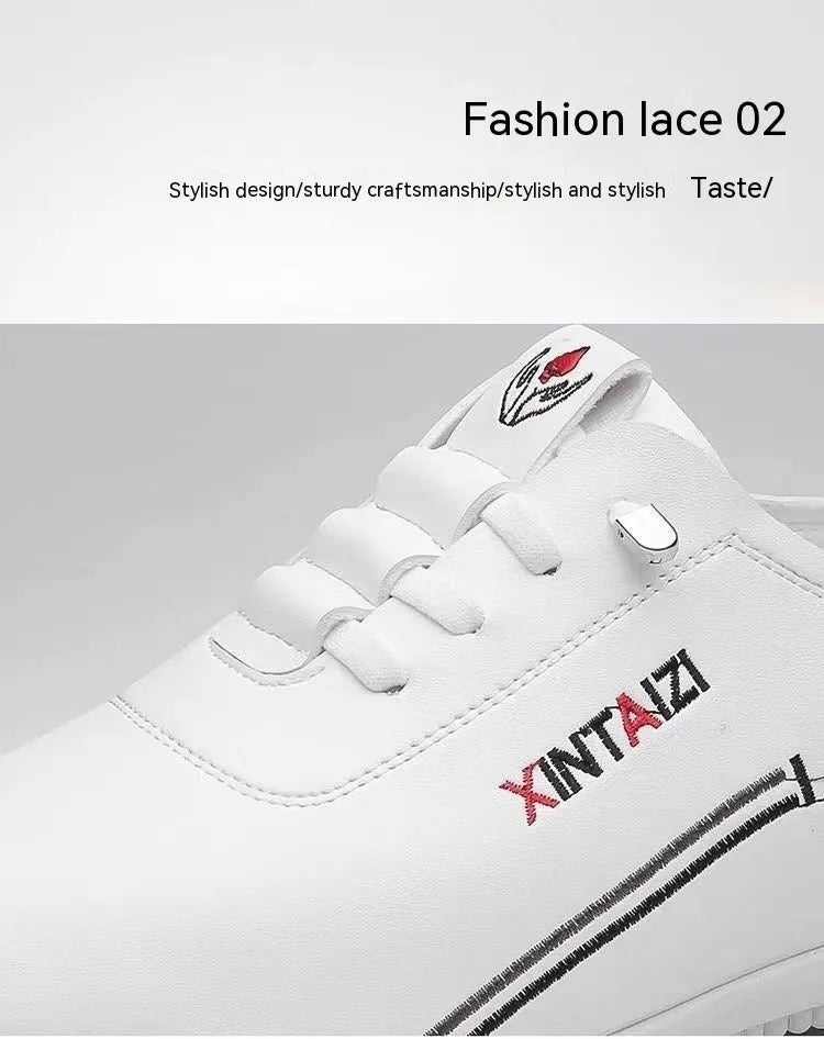 Breathable lightweight casual flat shoes in 1108 White with striped synthetic leather upper and round toe