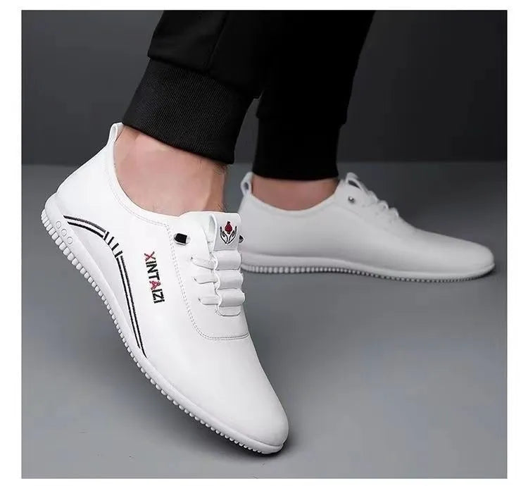 Breathable lightweight casual flat shoes in 1108 White with striped synthetic leather upper and round toe