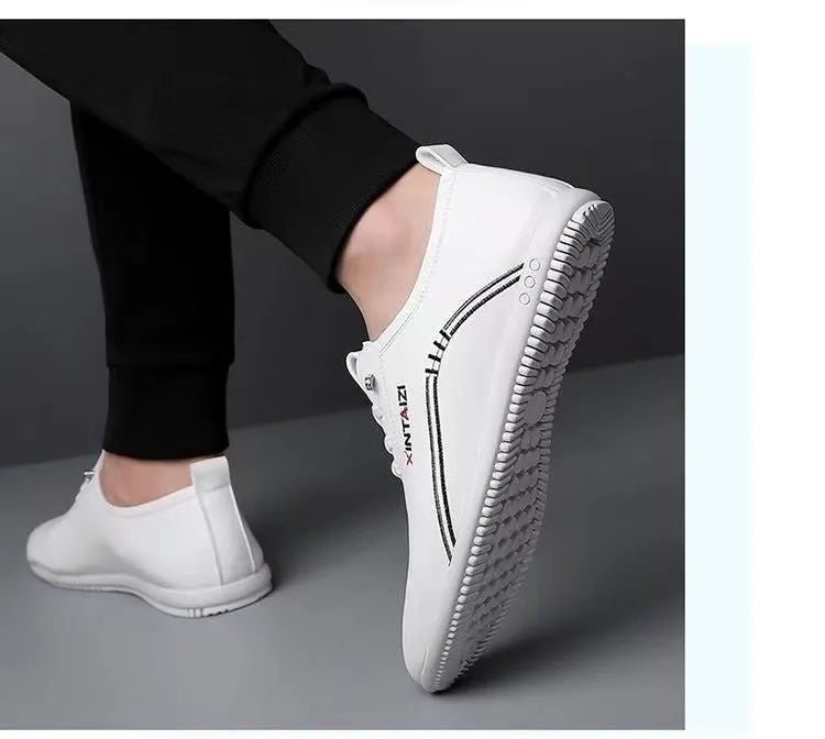 Breathable lightweight casual flat shoes in 1108 White with striped synthetic leather upper and round toe