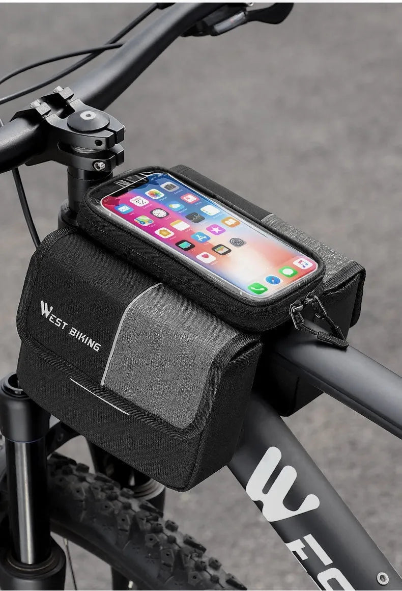 Black and grey Oxford cloth bilateral tube saddle bag with 2L capacity mounted on bike