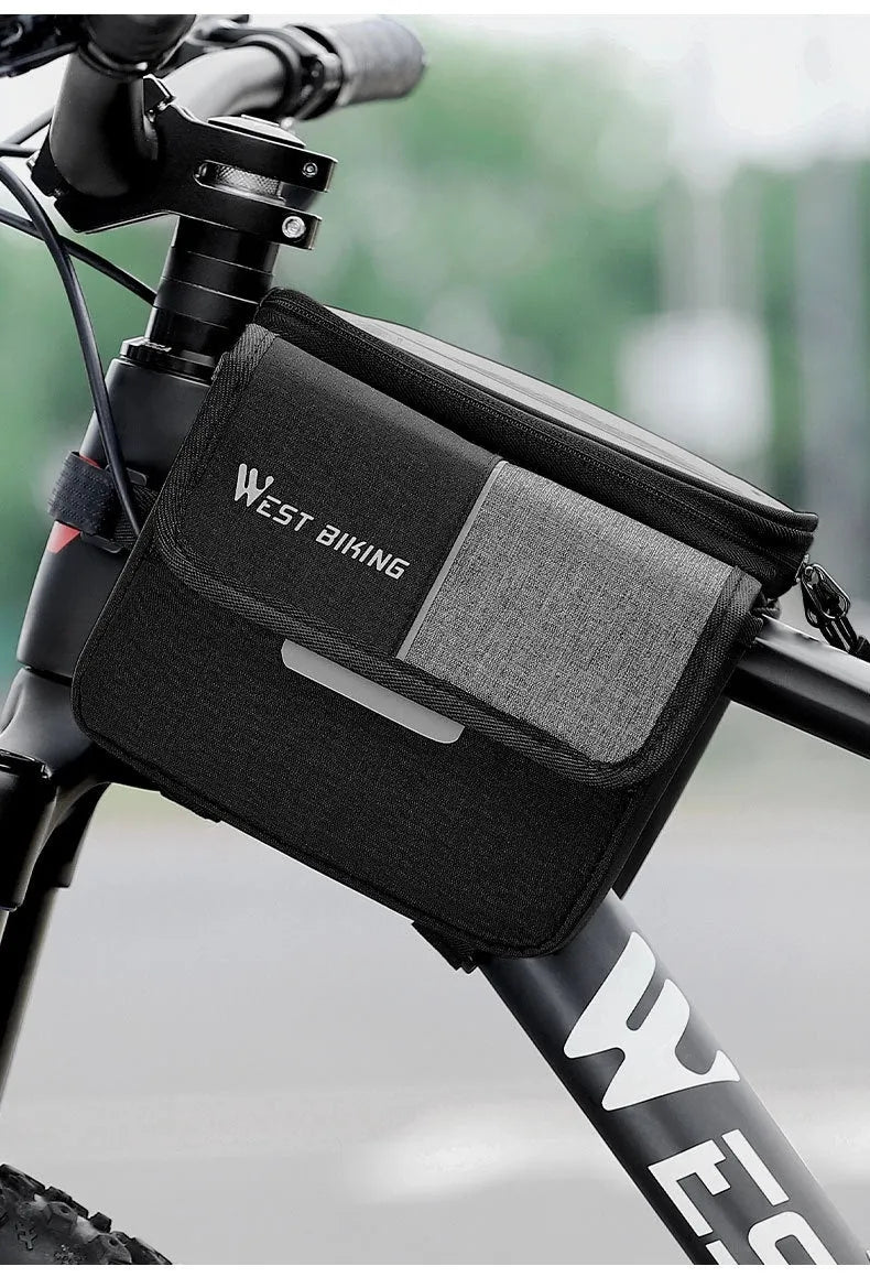 Black and grey Oxford cloth bilateral tube saddle bag with 2L capacity mounted on bike