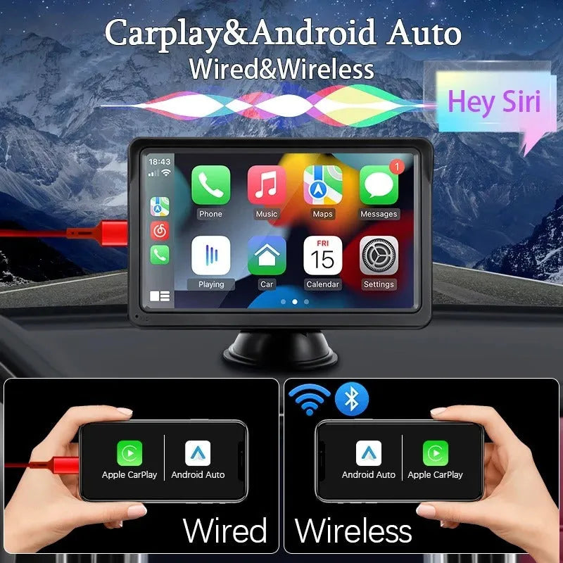 7-inch wireless CarPlay car display with HD screen mounted in vehicle dashboard