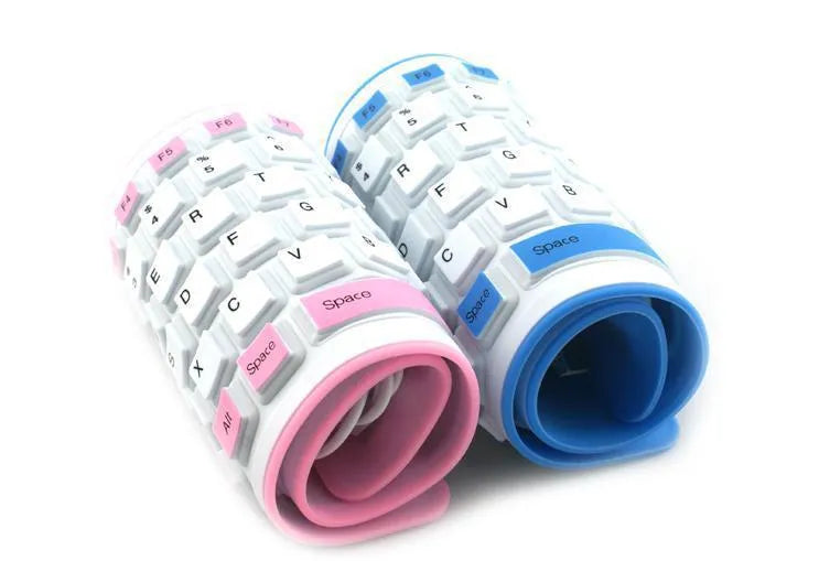 Folding waterproof dustproof silicone keyboard with USB cable, shown in pink, purple, green, blue, black, or orange.