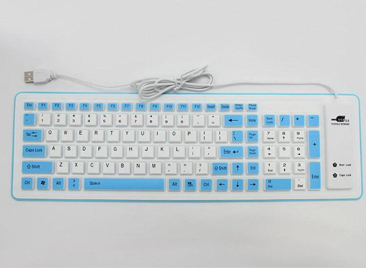 Folding waterproof dustproof silicone keyboard with USB cable, shown in pink, purple, green, blue, black, or orange.