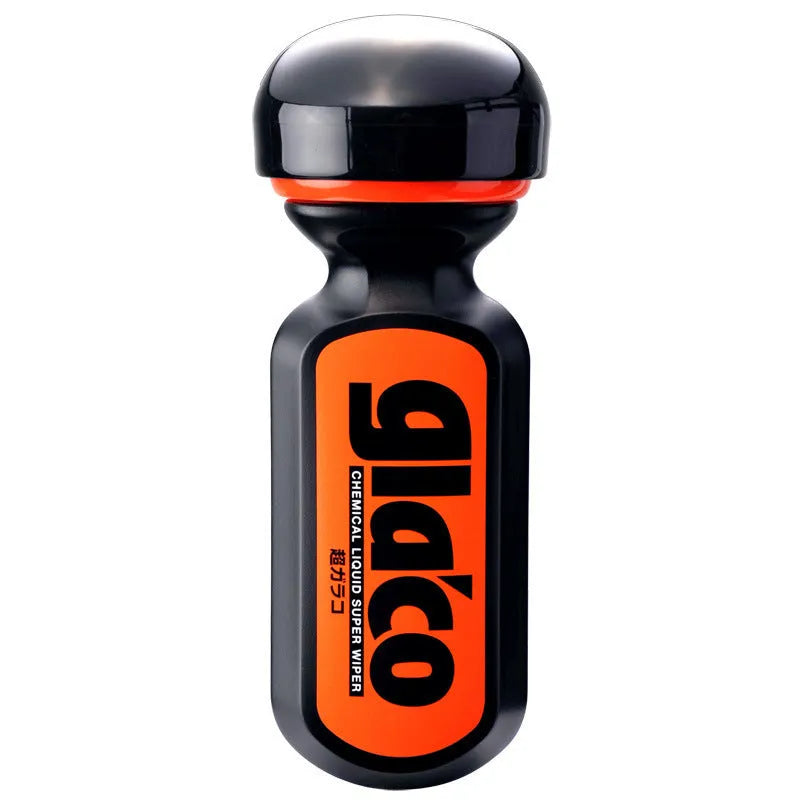 70ml bottle of transparent car windscreen rain repellent treatment on a car glass surface.