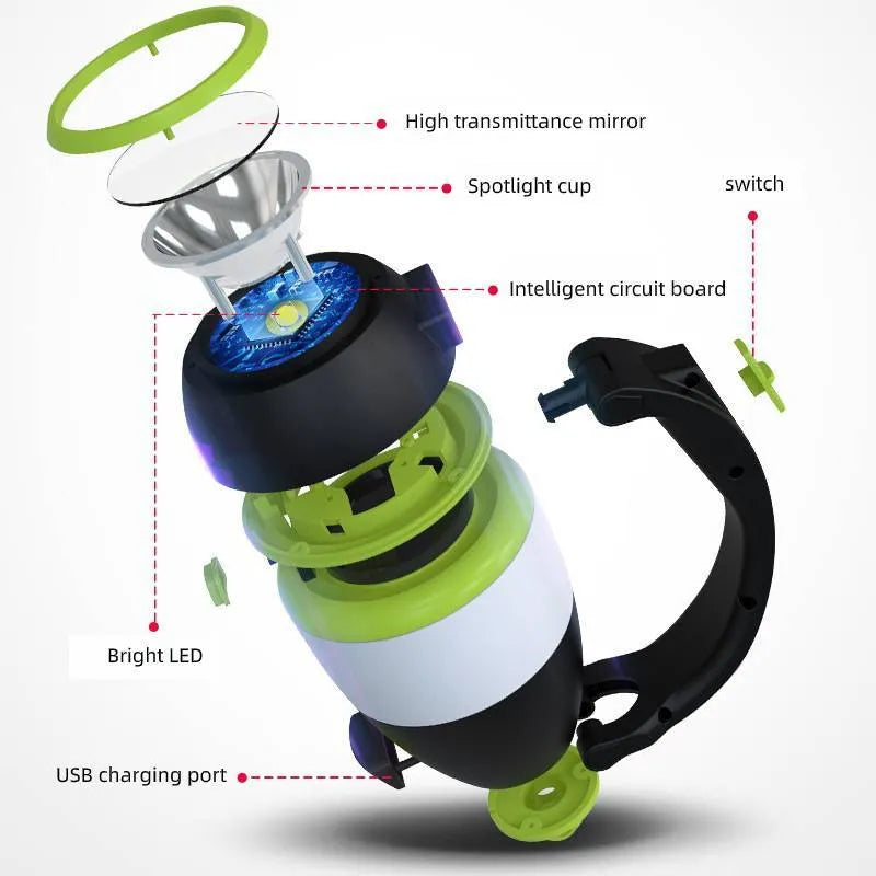 Black green multifunctional 3-in-1 foldable LED lamp with adjustable head on a table.