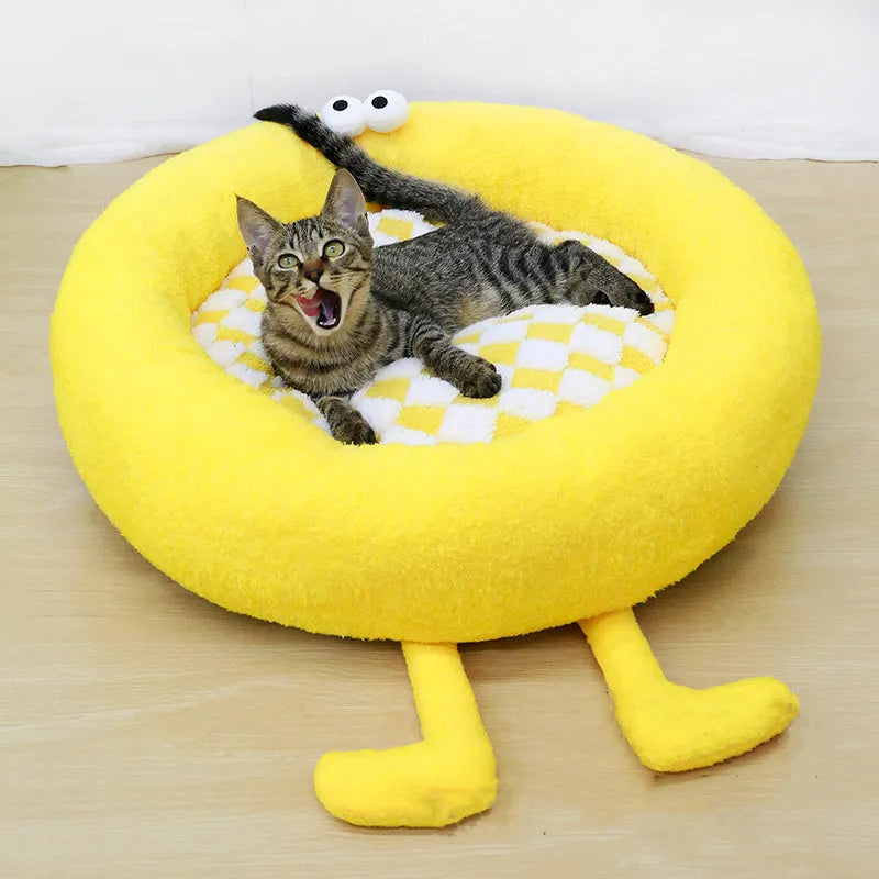 Plush circular pet nest bed for Shiba Inu dogs in black, pink, or yellow colours