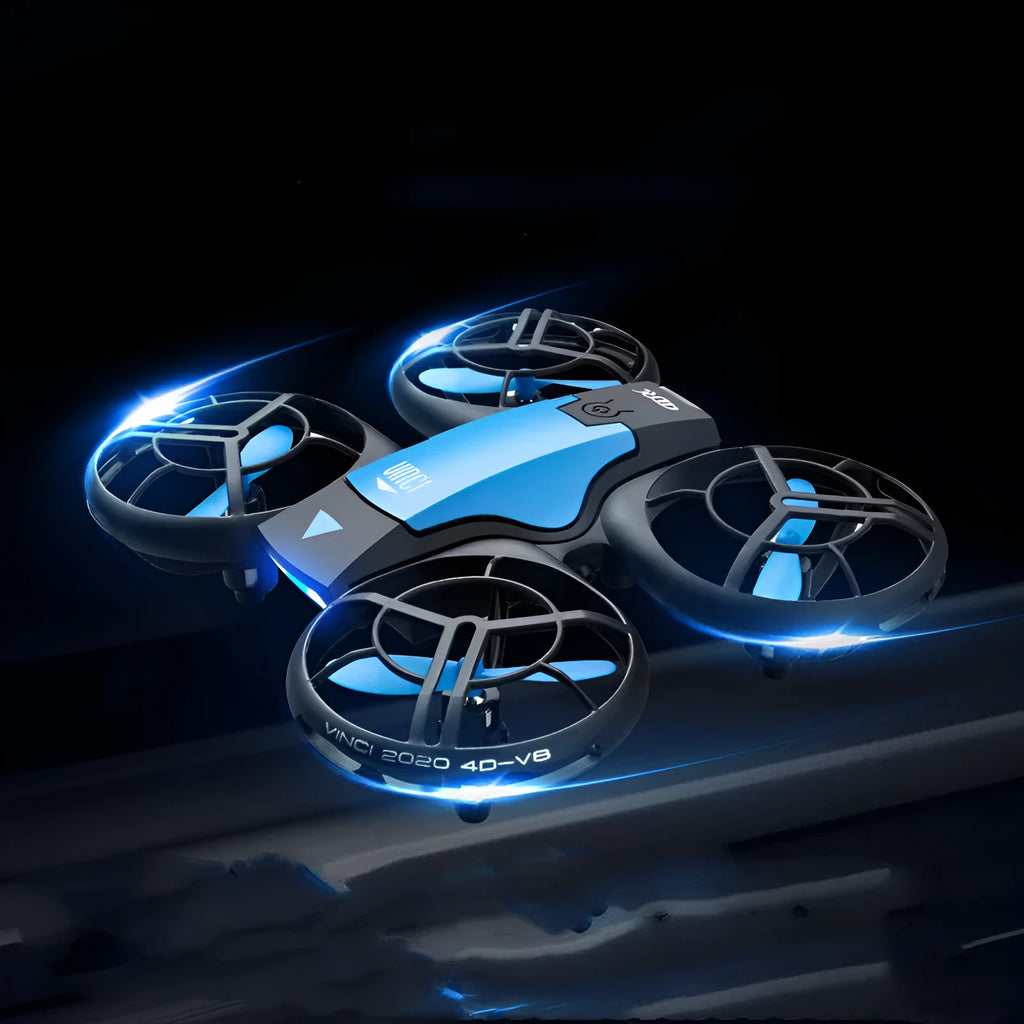 Blue V8 mini RC drone quadcopter with camera, remote control, and charging accessories