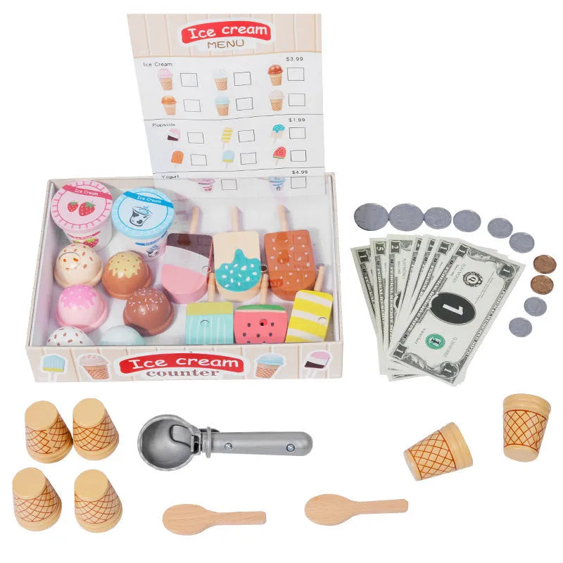 Wooden ice cream toy set for children with solid wood pieces and three colour options